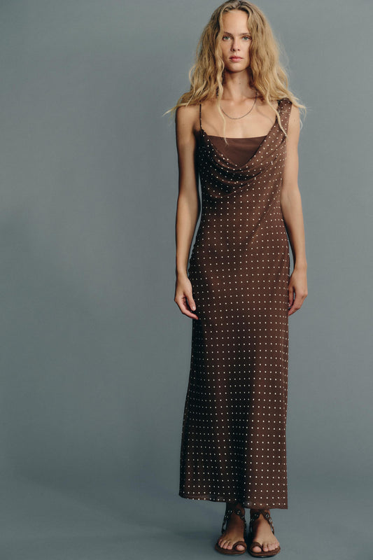 DRAPED NECK POLKA DOT DRESS